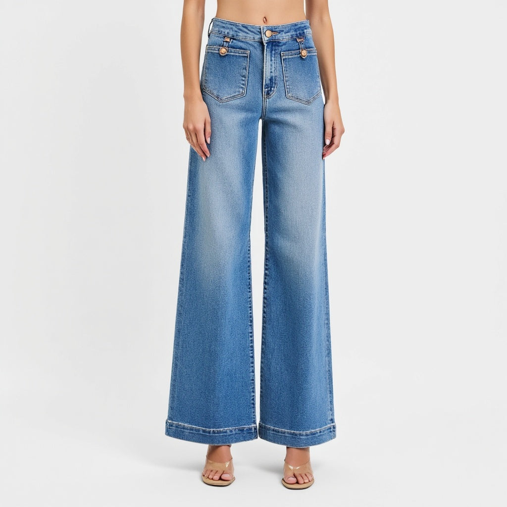 High Waist Wide-Leg Jeans with Buttoned Patch Pockets and Rolled Hem