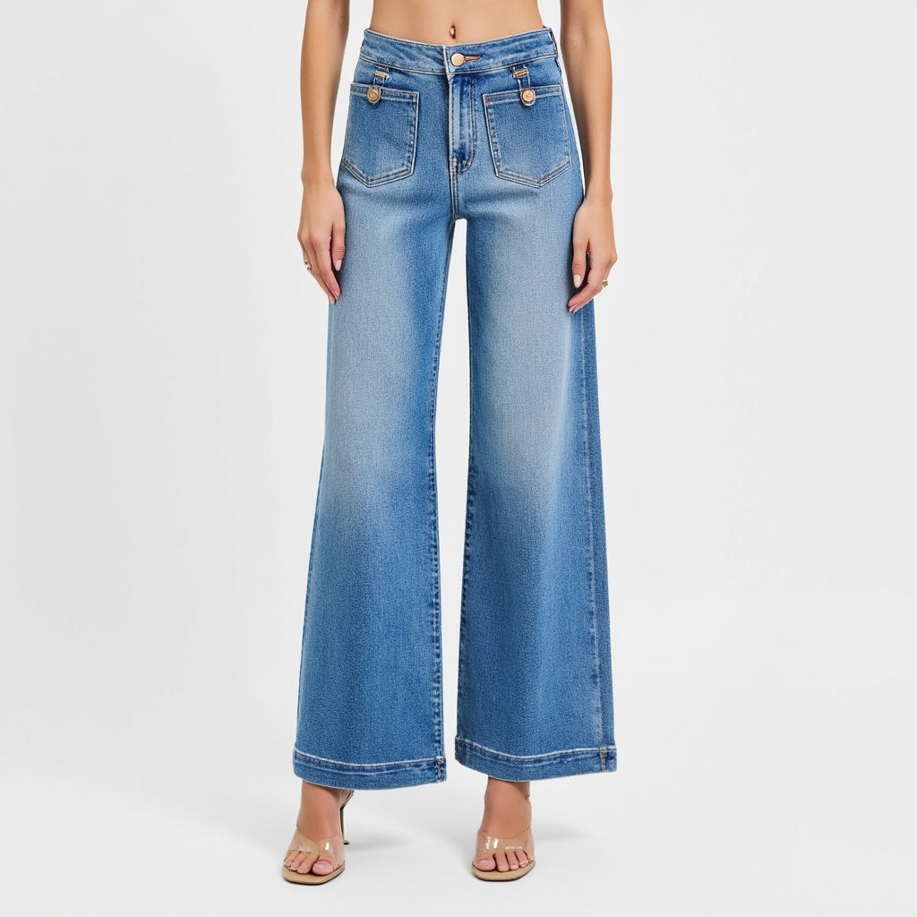 High Waist Wide-Leg Jeans with Buttoned Patch Pockets and Rolled Hem