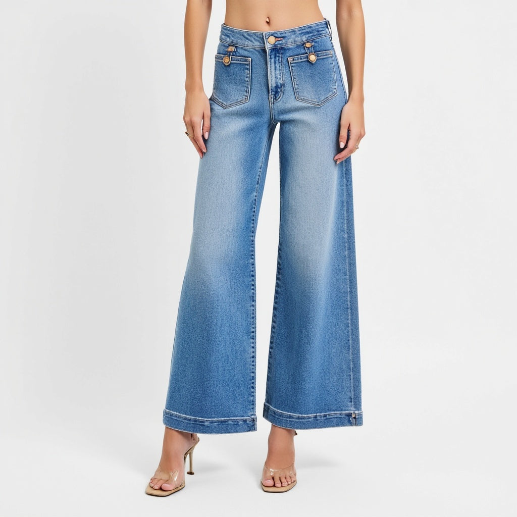High Waist Wide-Leg Jeans with Buttoned Patch Pockets and Rolled Hem