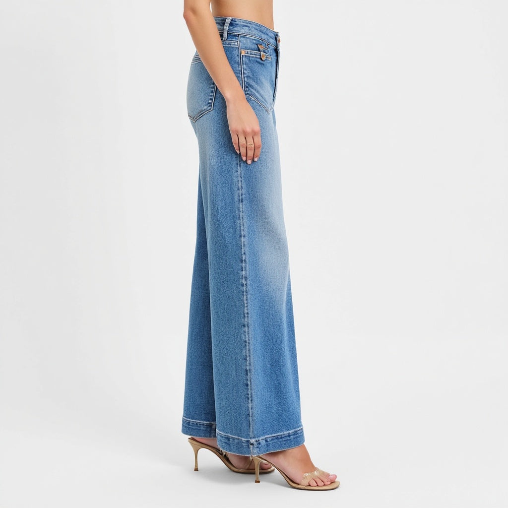 High Waist Wide-Leg Jeans with Buttoned Patch Pockets and Rolled Hem