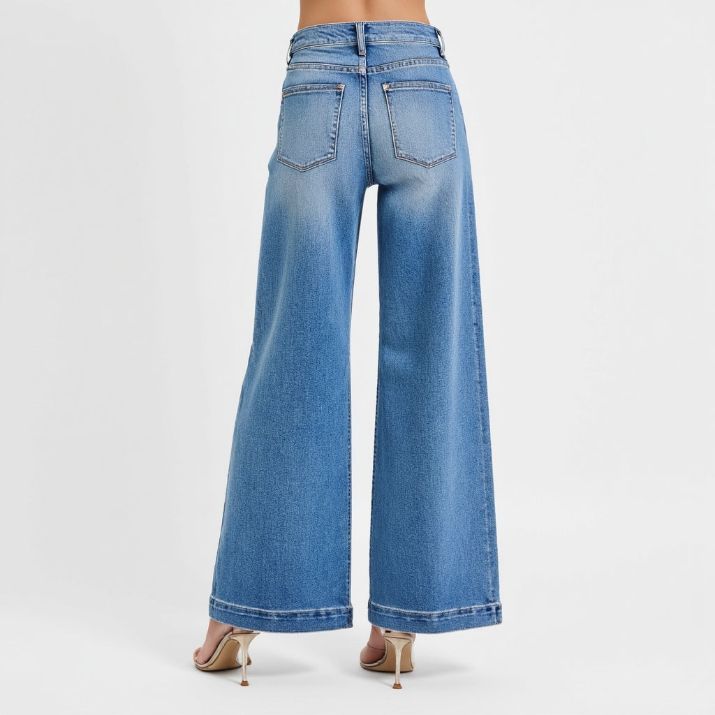 High Waist Wide-Leg Jeans with Buttoned Patch Pockets and Rolled Hem
