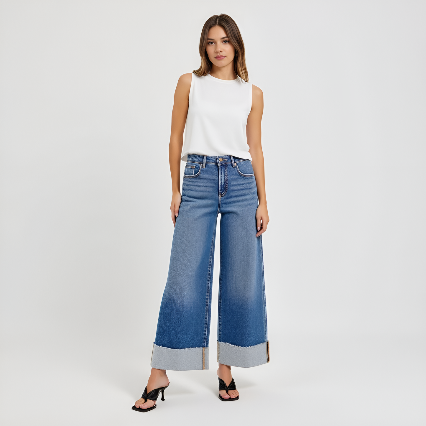 Wide-Leg Cuffed Jeans with Faded Wash and Contrast Raw Hem