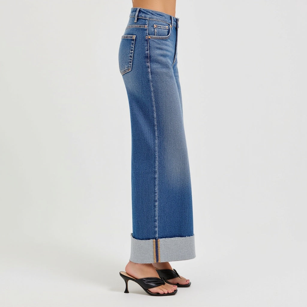 Wide-Leg Cuffed Jeans with Faded Wash and Contrast Raw Hem