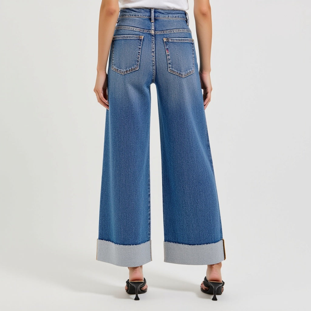 Wide-Leg Cuffed Jeans with Faded Wash and Contrast Raw Hem