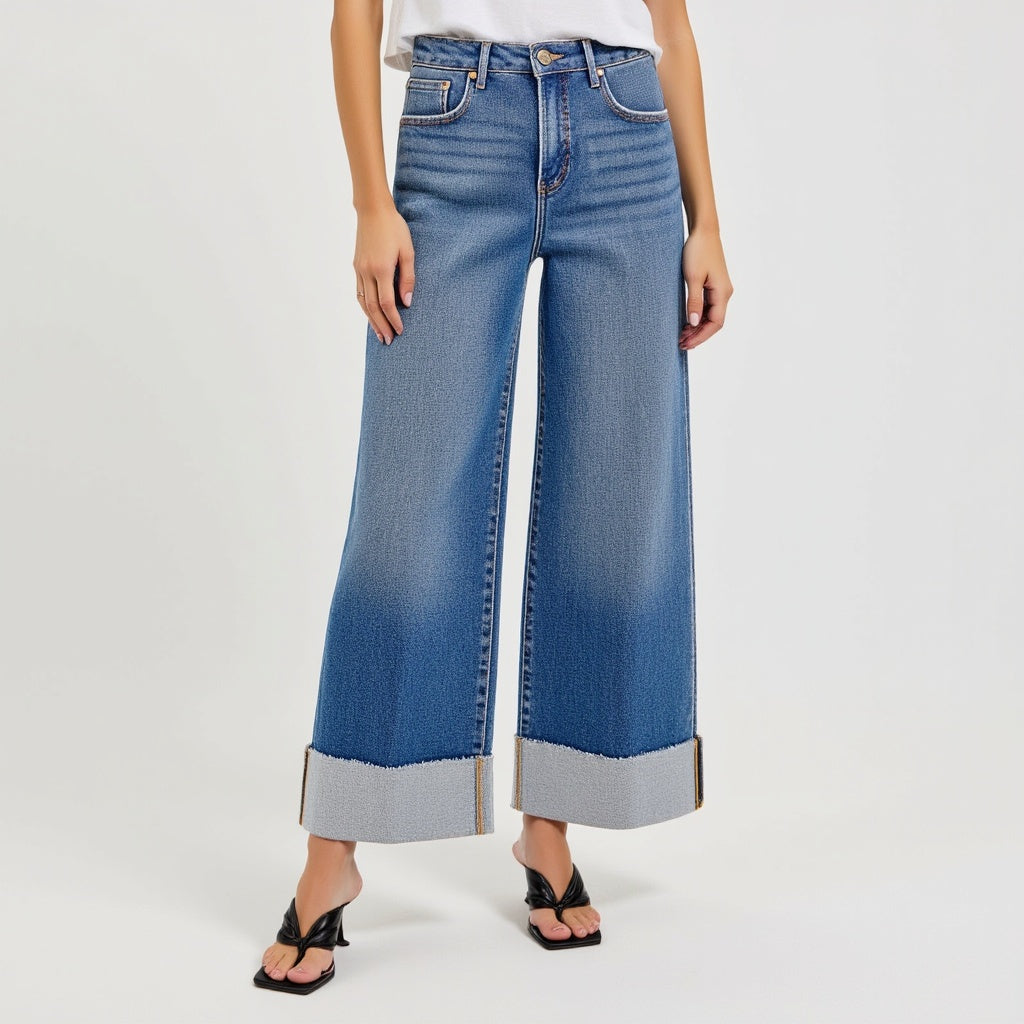 Wide-Leg Cuffed Jeans with Faded Wash and Contrast Raw Hem