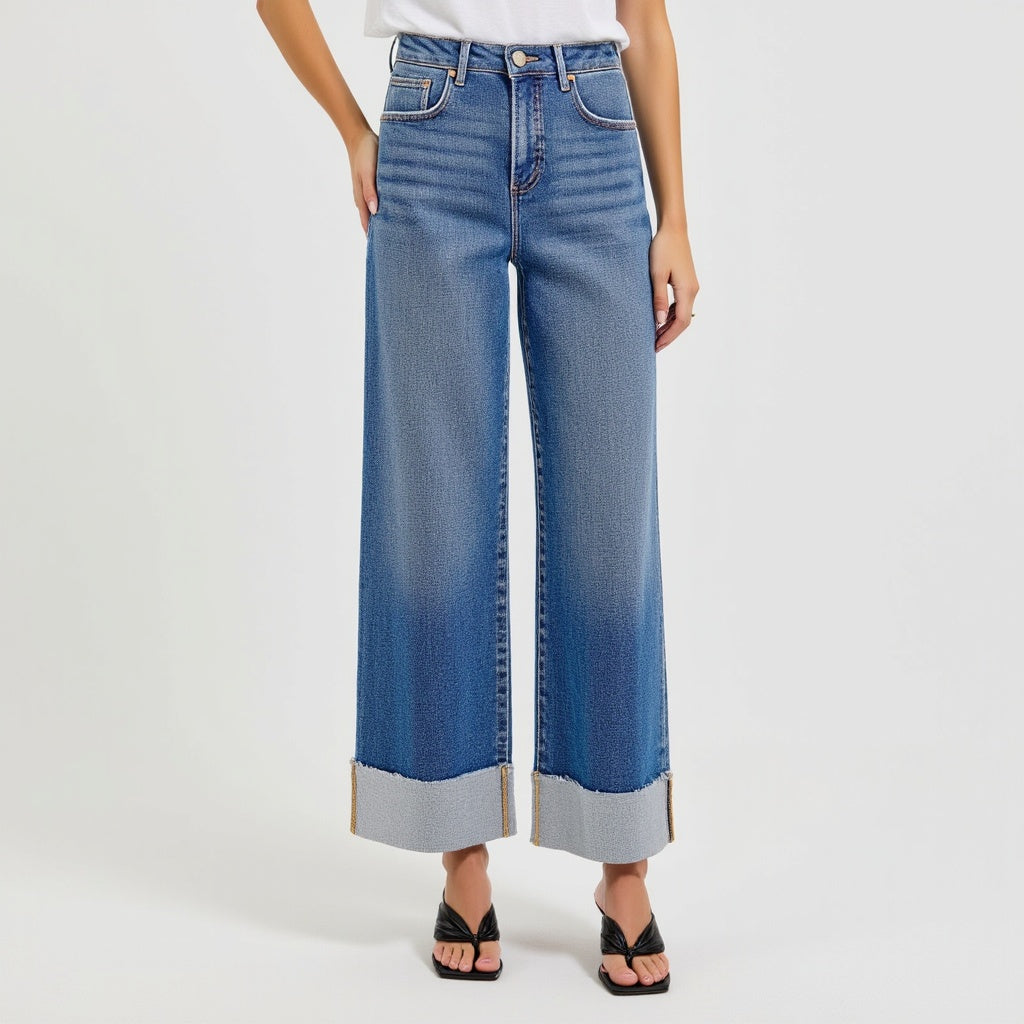 Wide-Leg Cuffed Jeans with Faded Wash and Contrast Raw Hem