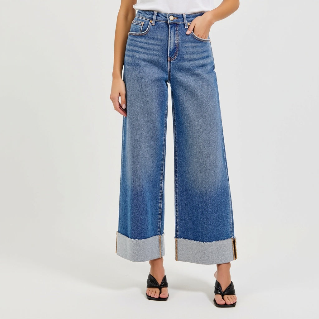 Wide-Leg Cuffed Jeans with Faded Wash and Contrast Raw Hem