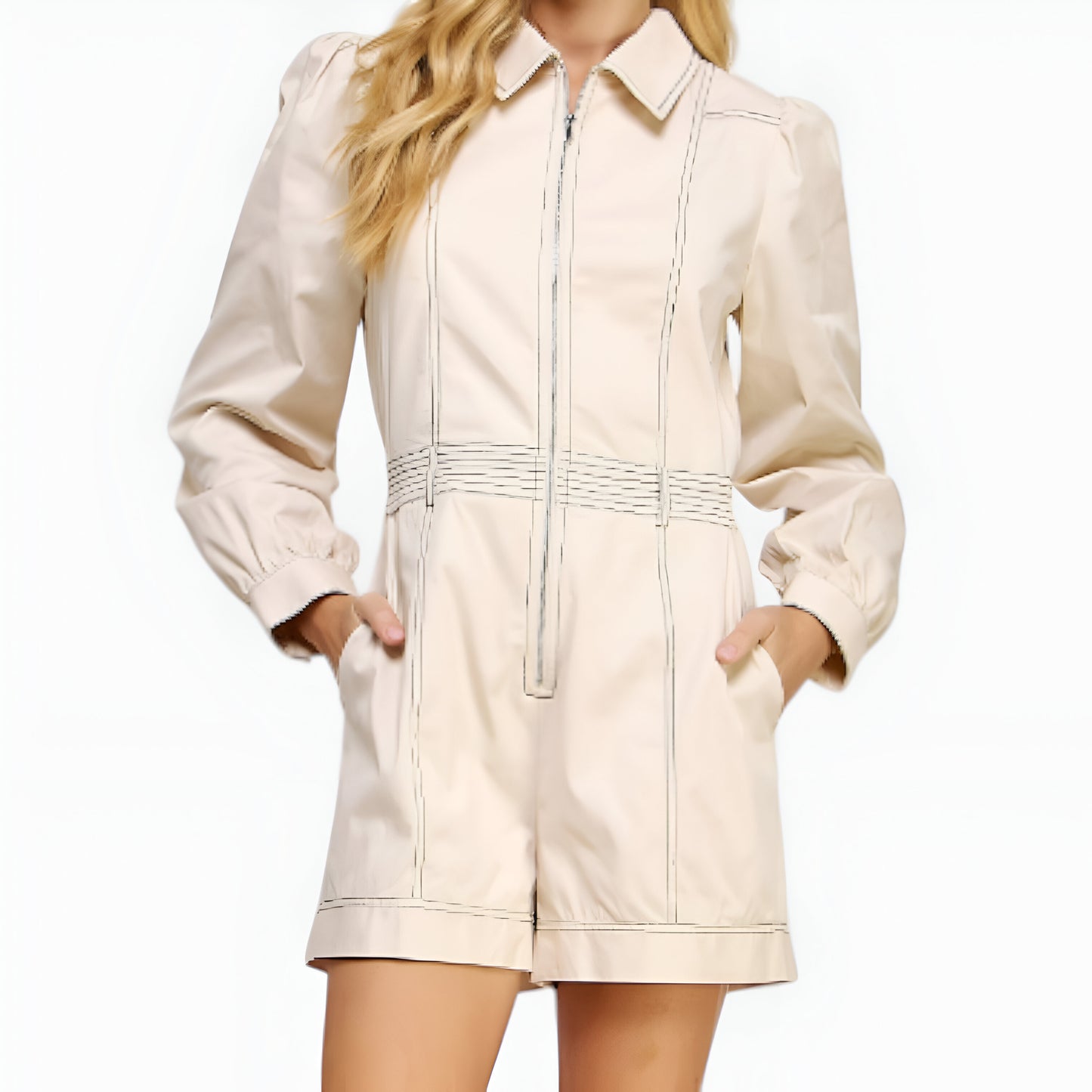 Long Sleeve Utility Romper with Contrast Topstitch and Zip Front Closure