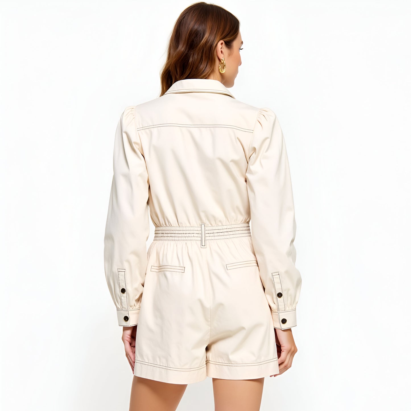 Long Sleeve Utility Romper with Contrast Topstitch and Zip Front Closure