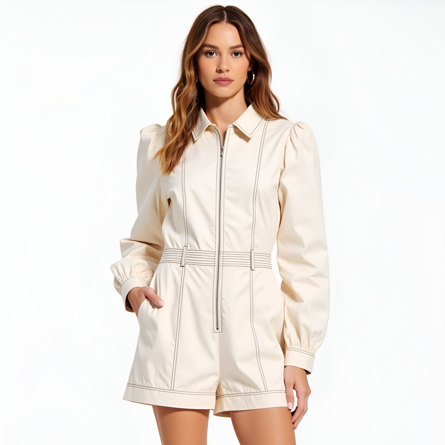 Long Sleeve Utility Romper with Contrast Topstitch and Zip Front Closure