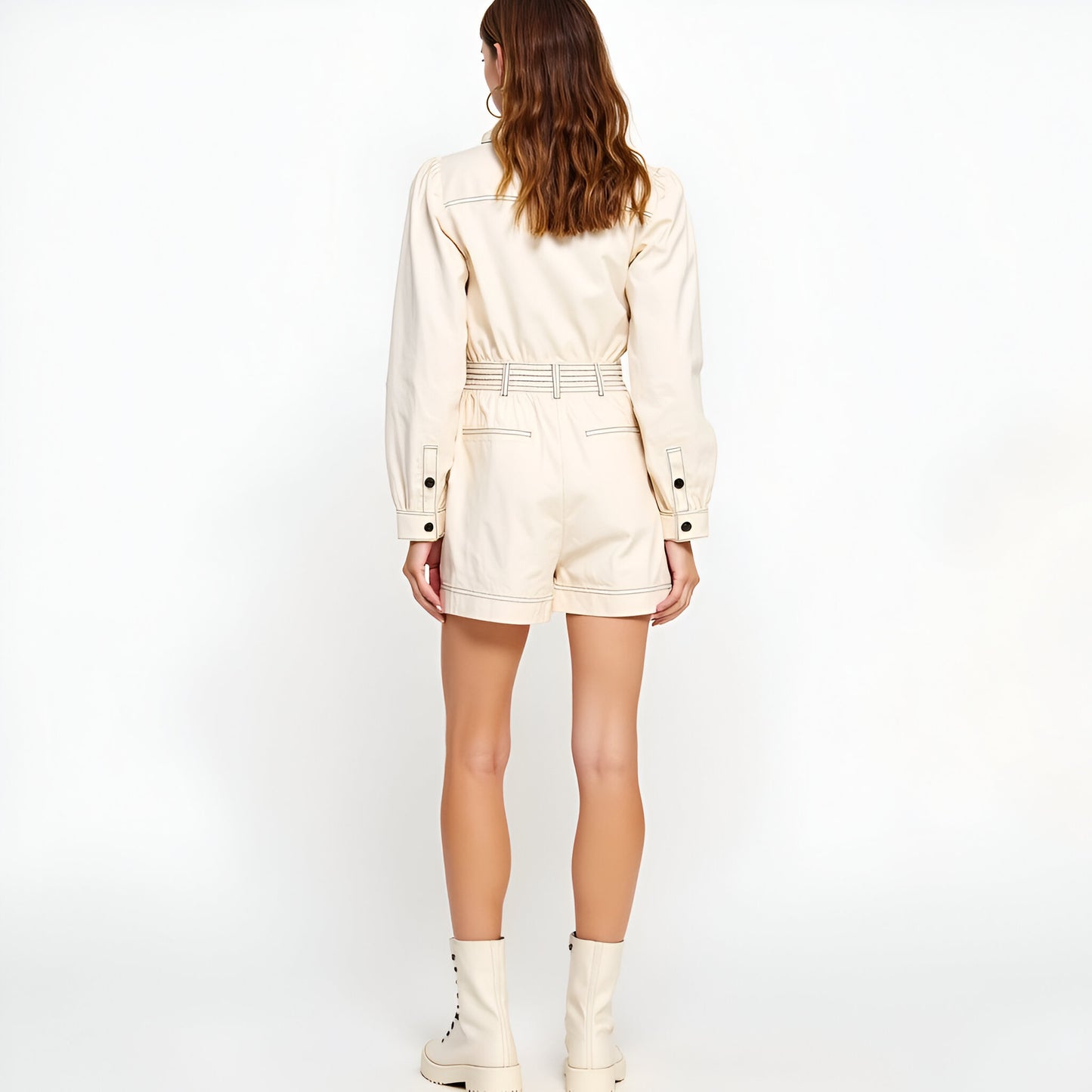 Long Sleeve Utility Romper with Contrast Topstitch and Zip Front Closure