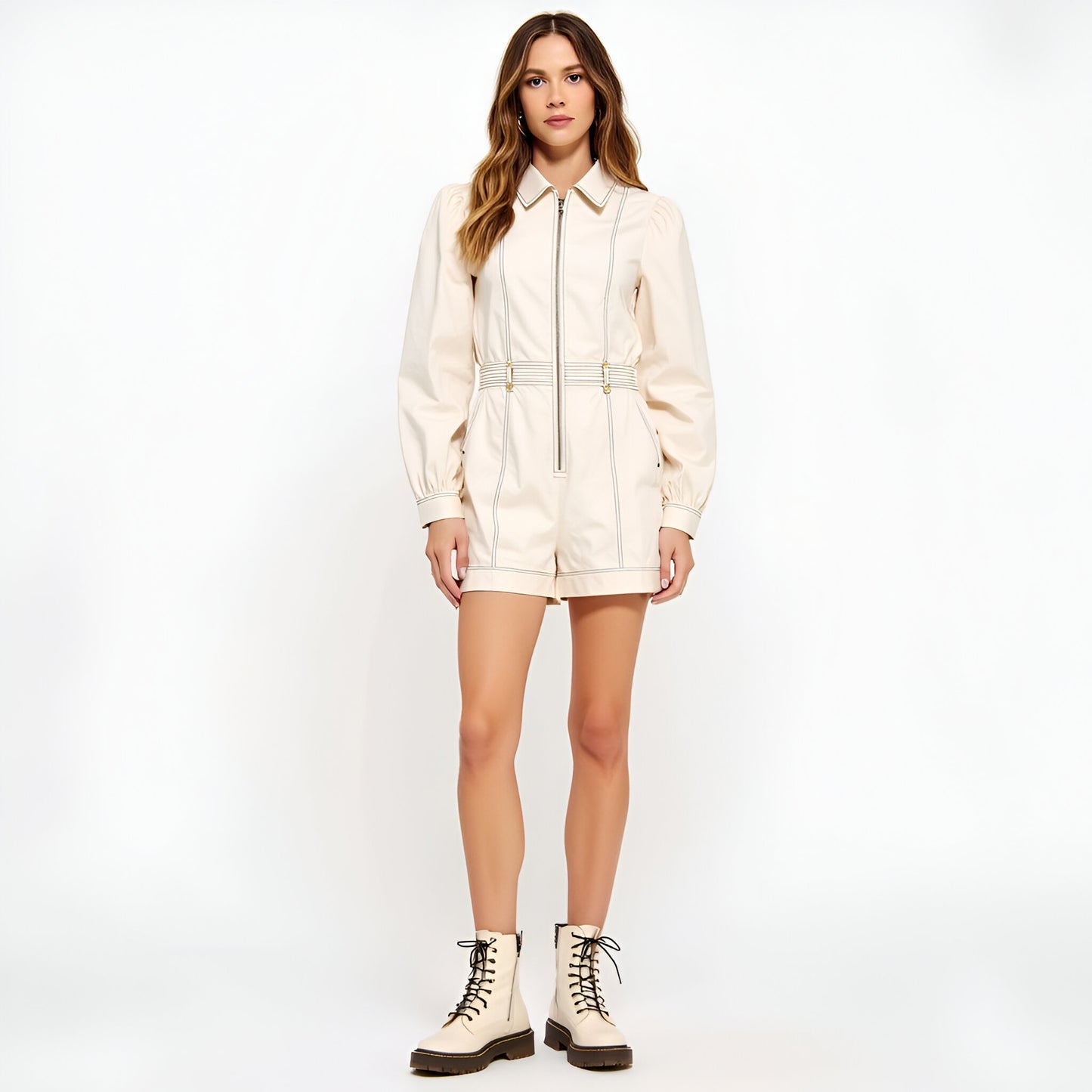 Long Sleeve Utility Romper with Contrast Topstitch and Zip Front Closure