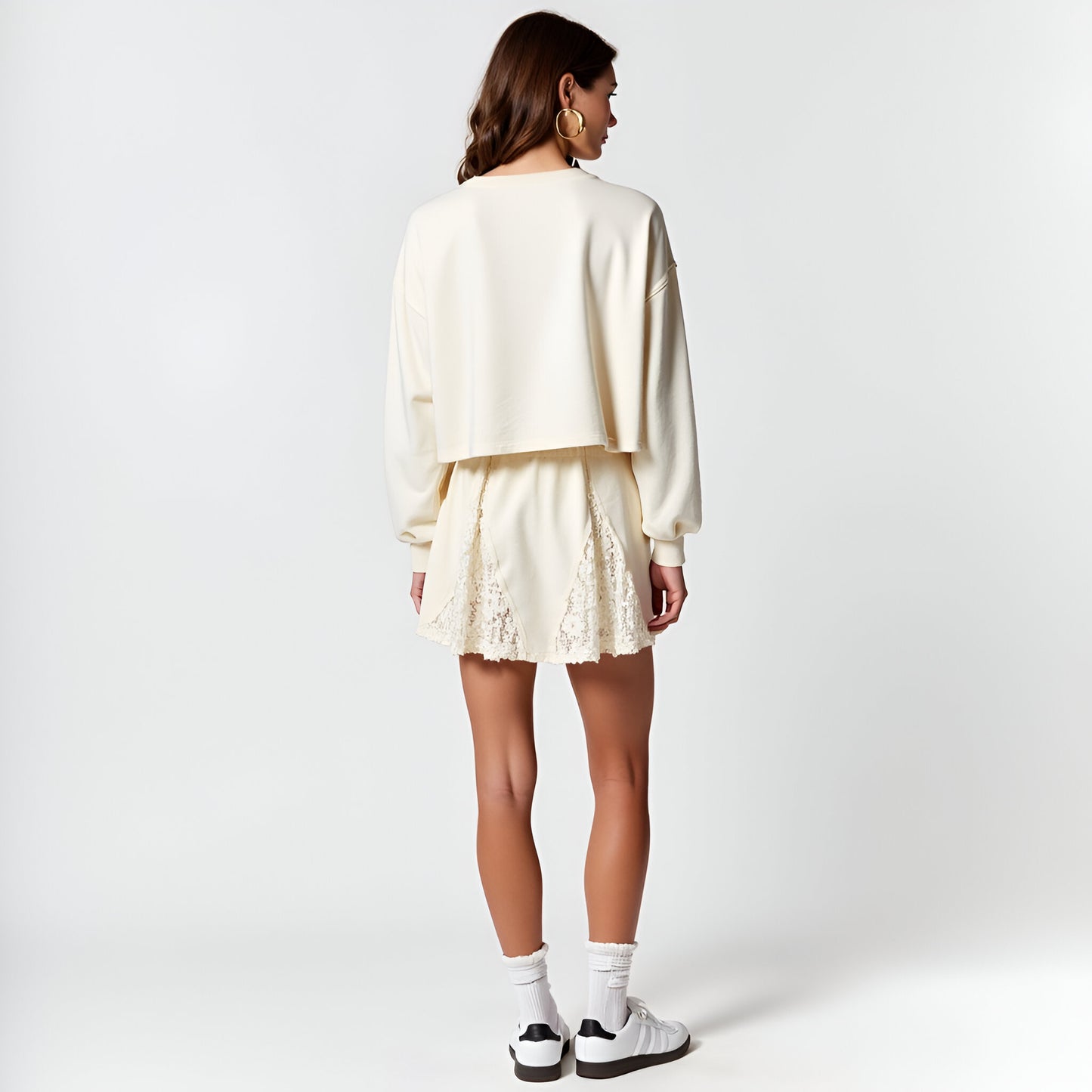 Lace Inset Pullover Lounge Top and Drawstring Shorts Set with Sheer Detail