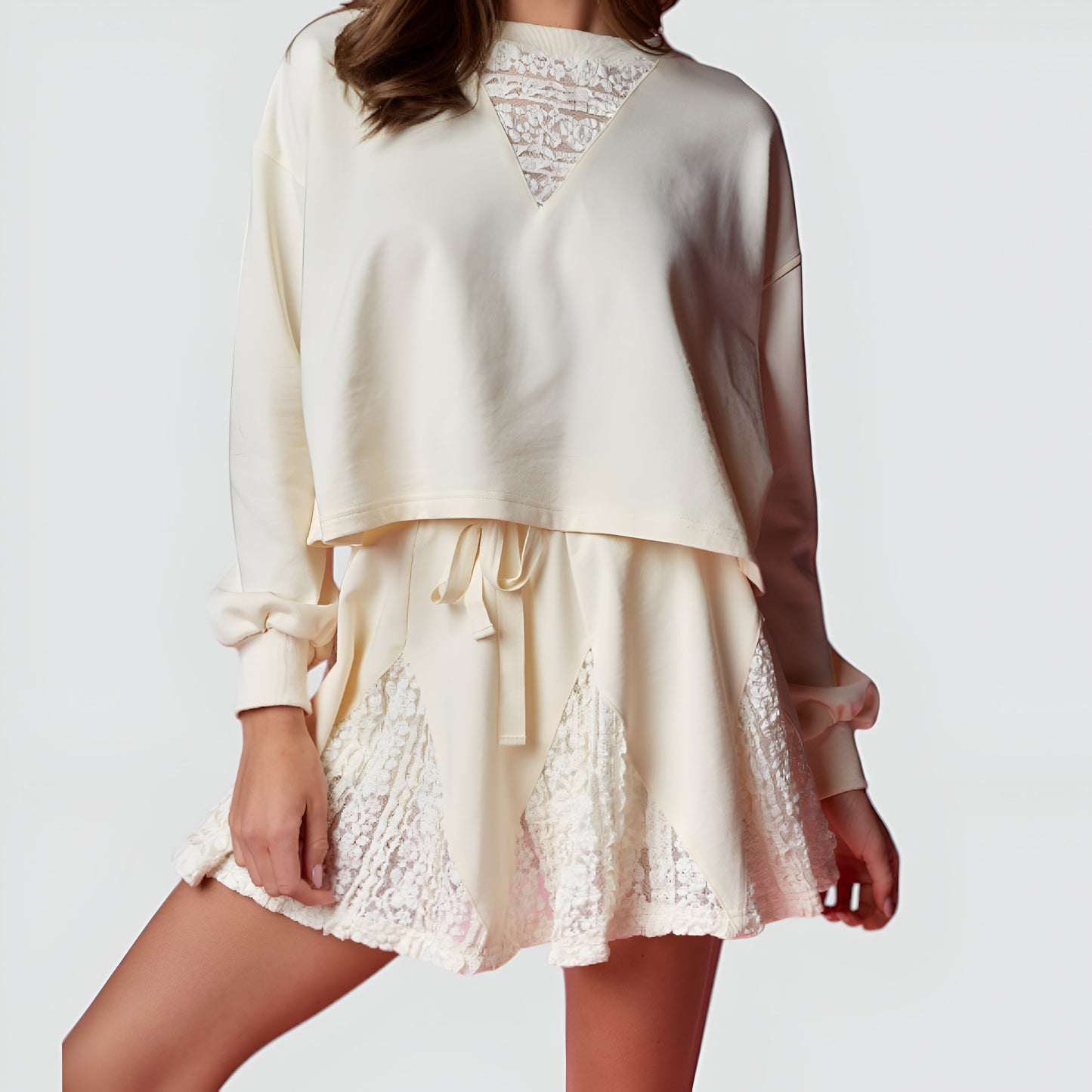Lace Inset Pullover Lounge Top and Drawstring Shorts Set with Sheer Detail