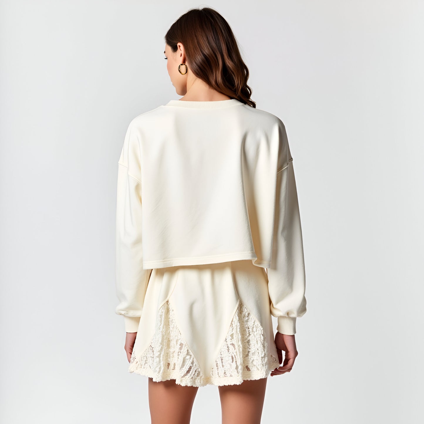 Lace Inset Pullover Lounge Top and Drawstring Shorts Set with Sheer Detail