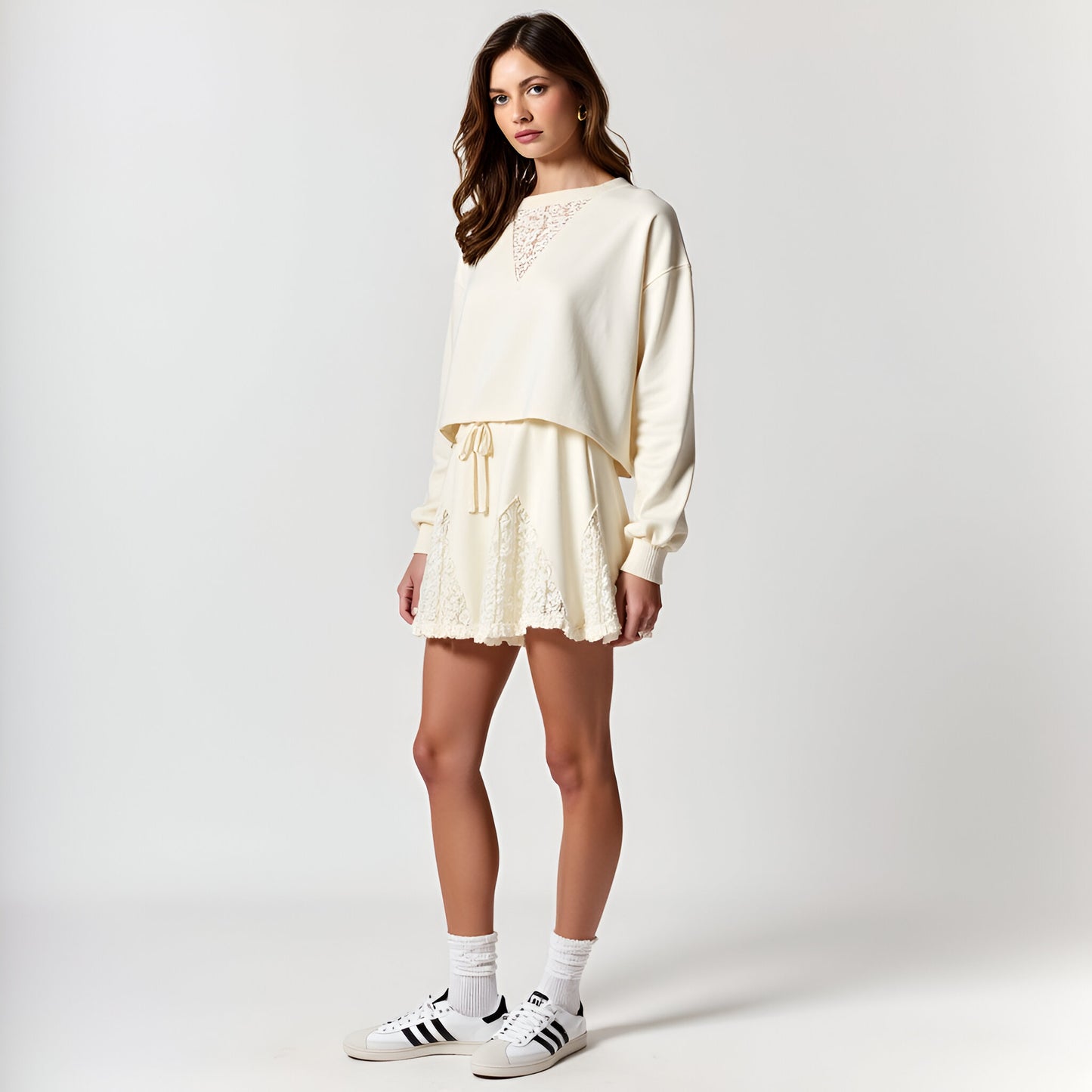 Lace Inset Pullover Lounge Top and Drawstring Shorts Set with Sheer Detail