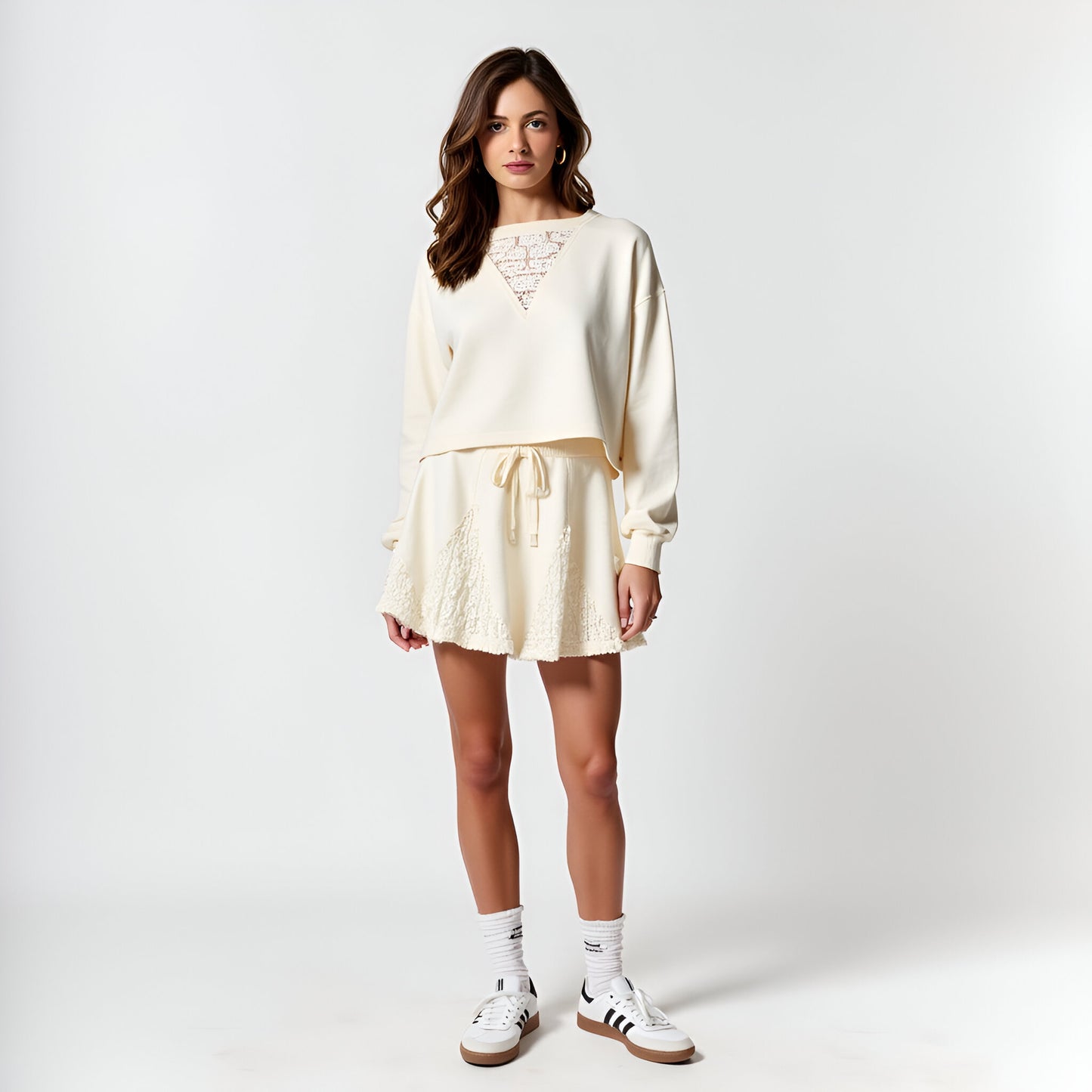 Lace Inset Pullover Lounge Top and Drawstring Shorts Set with Sheer Detail
