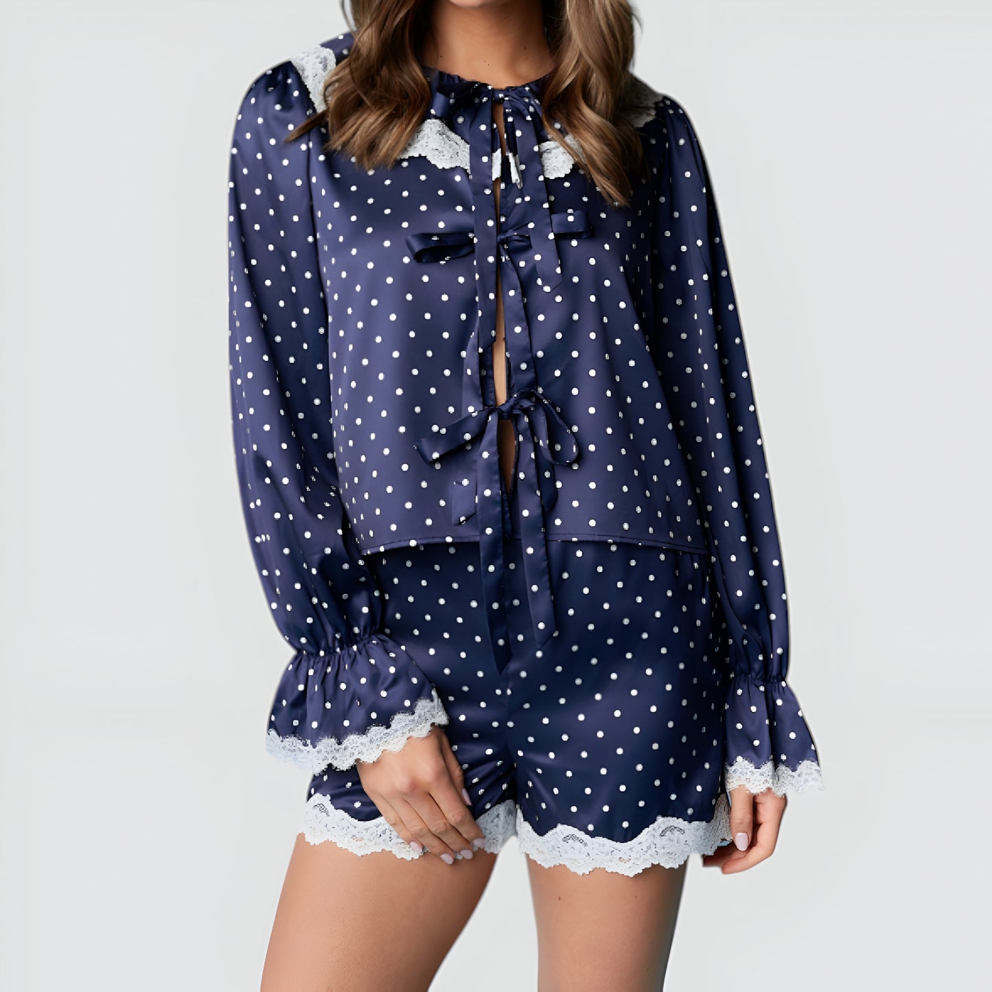 Satin Polka Dot Pajama Set with Lace Collar and Ribbon Tie Details