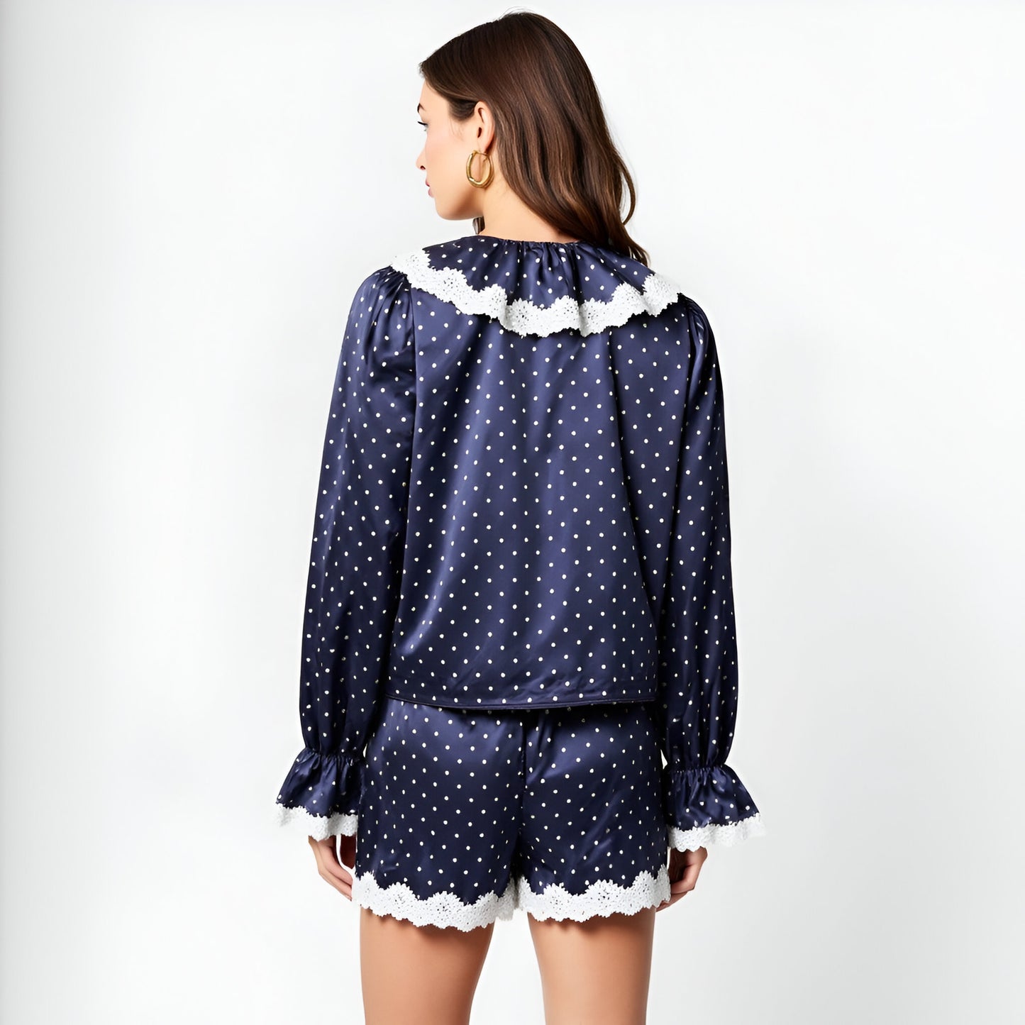 Satin Polka Dot Pajama Set with Lace Collar and Ribbon Tie Details