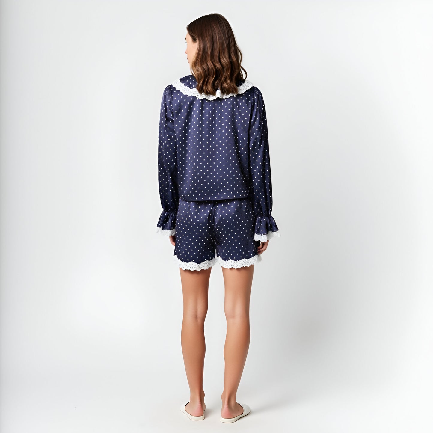 Satin Polka Dot Pajama Set with Lace Collar and Ribbon Tie Details