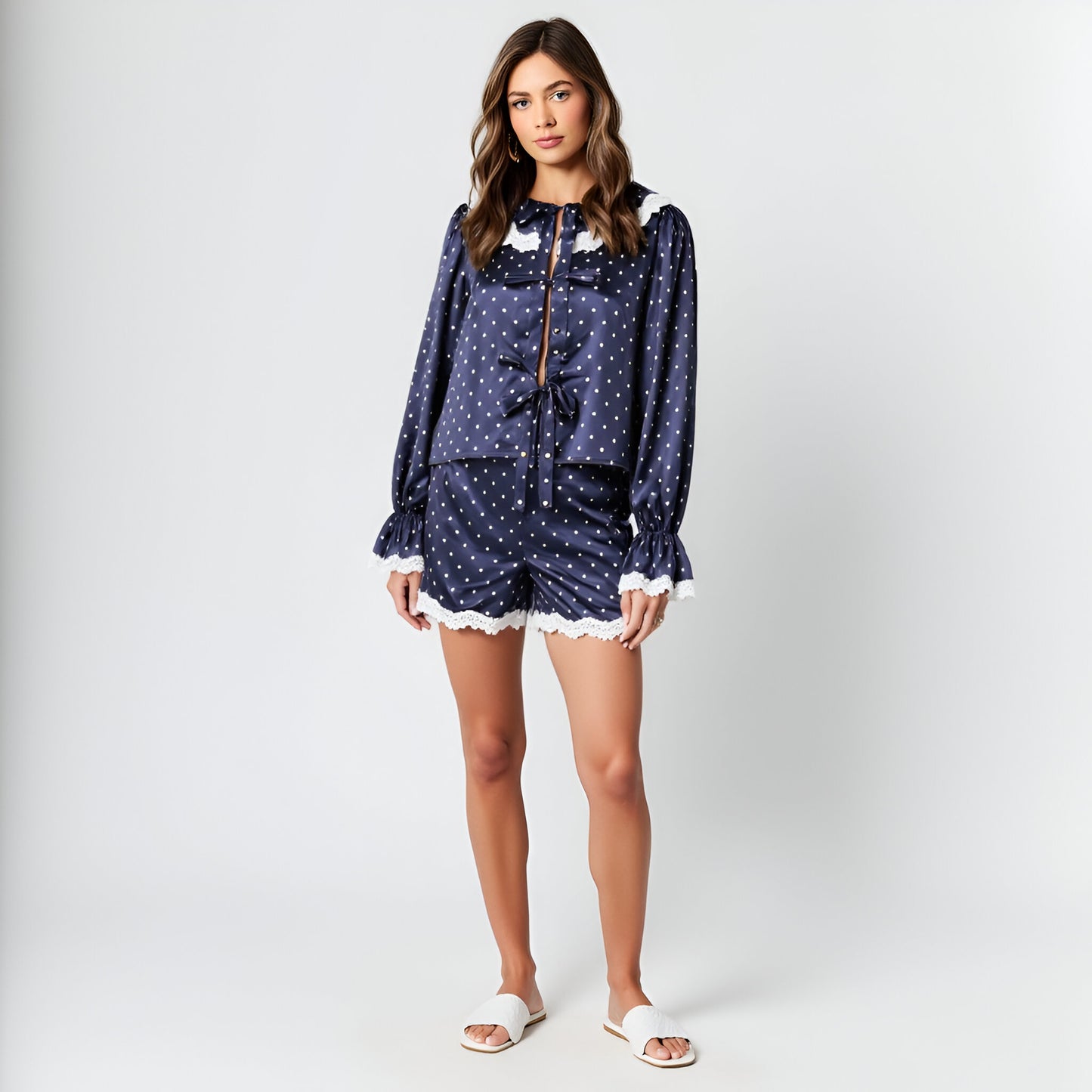 Satin Polka Dot Pajama Set with Lace Collar and Ribbon Tie Details