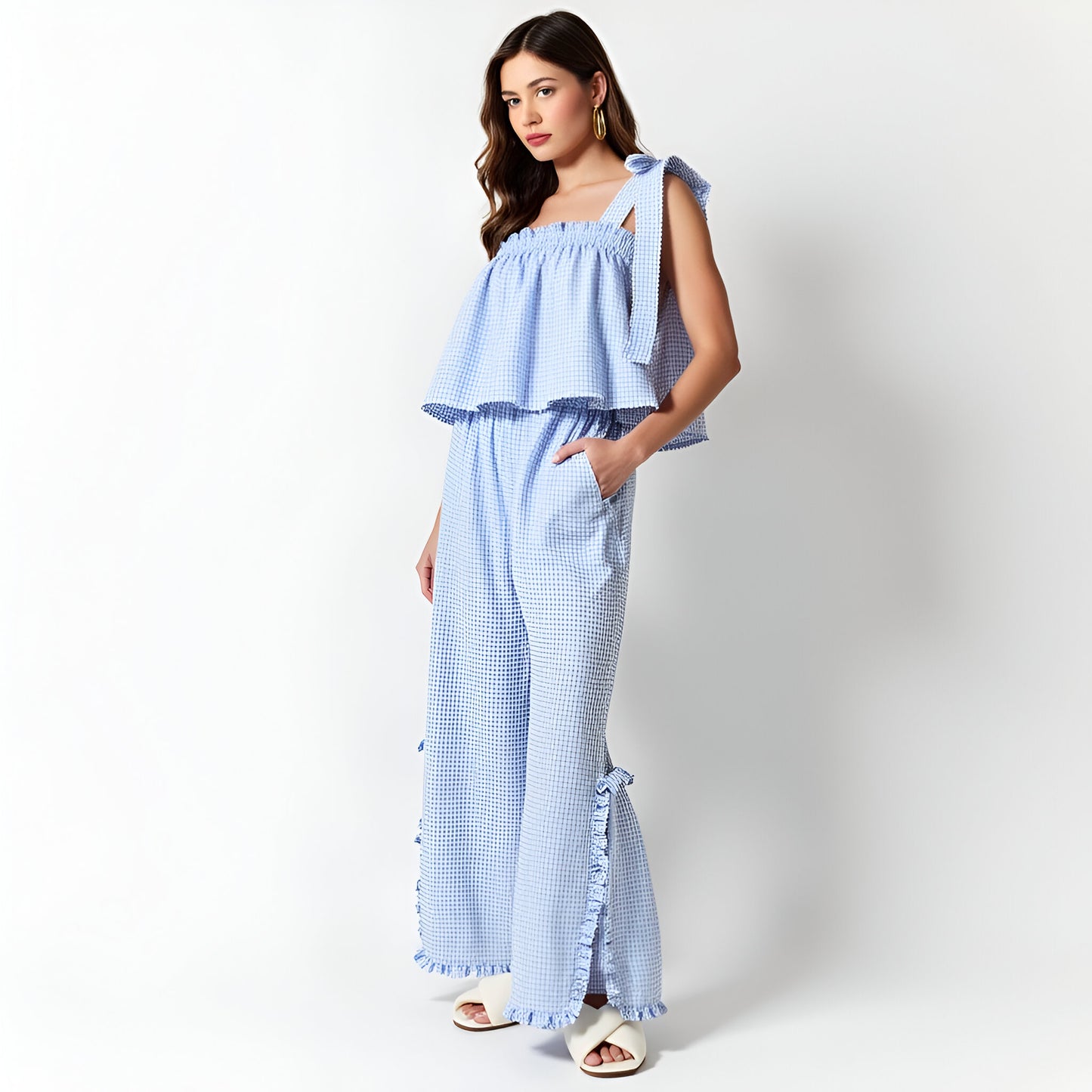 Gingham Wide Leg Pant Set with Smocked Tiered Top and Bow Tie Straps