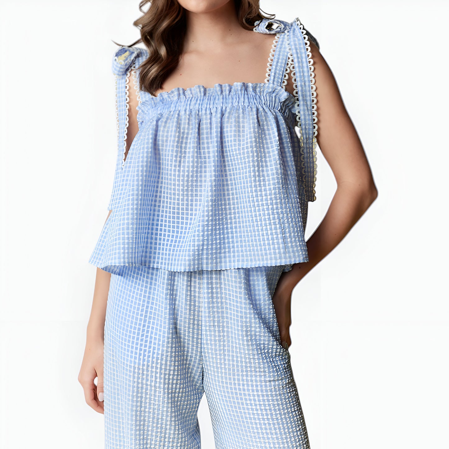 Gingham Wide Leg Pant Set with Smocked Tiered Top and Bow Tie Straps