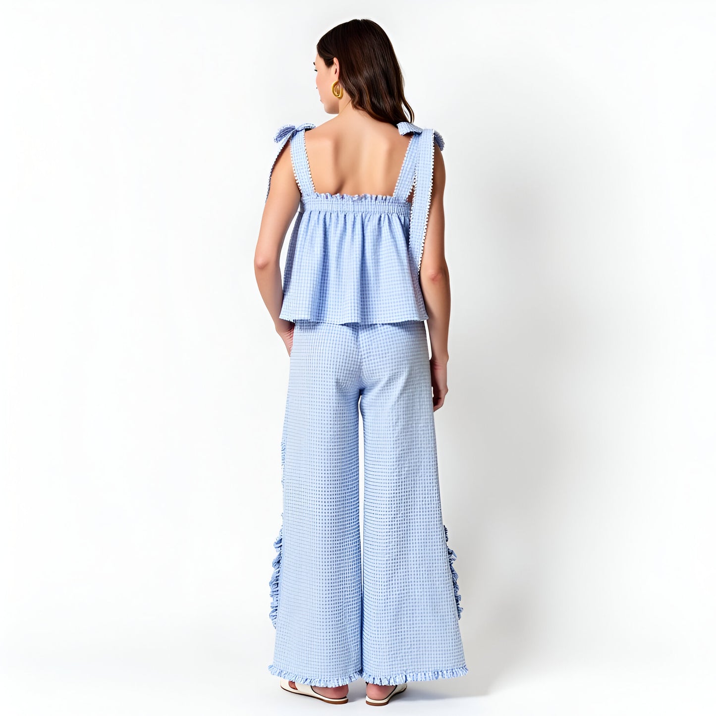 Gingham Wide Leg Pant Set with Smocked Tiered Top and Bow Tie Straps