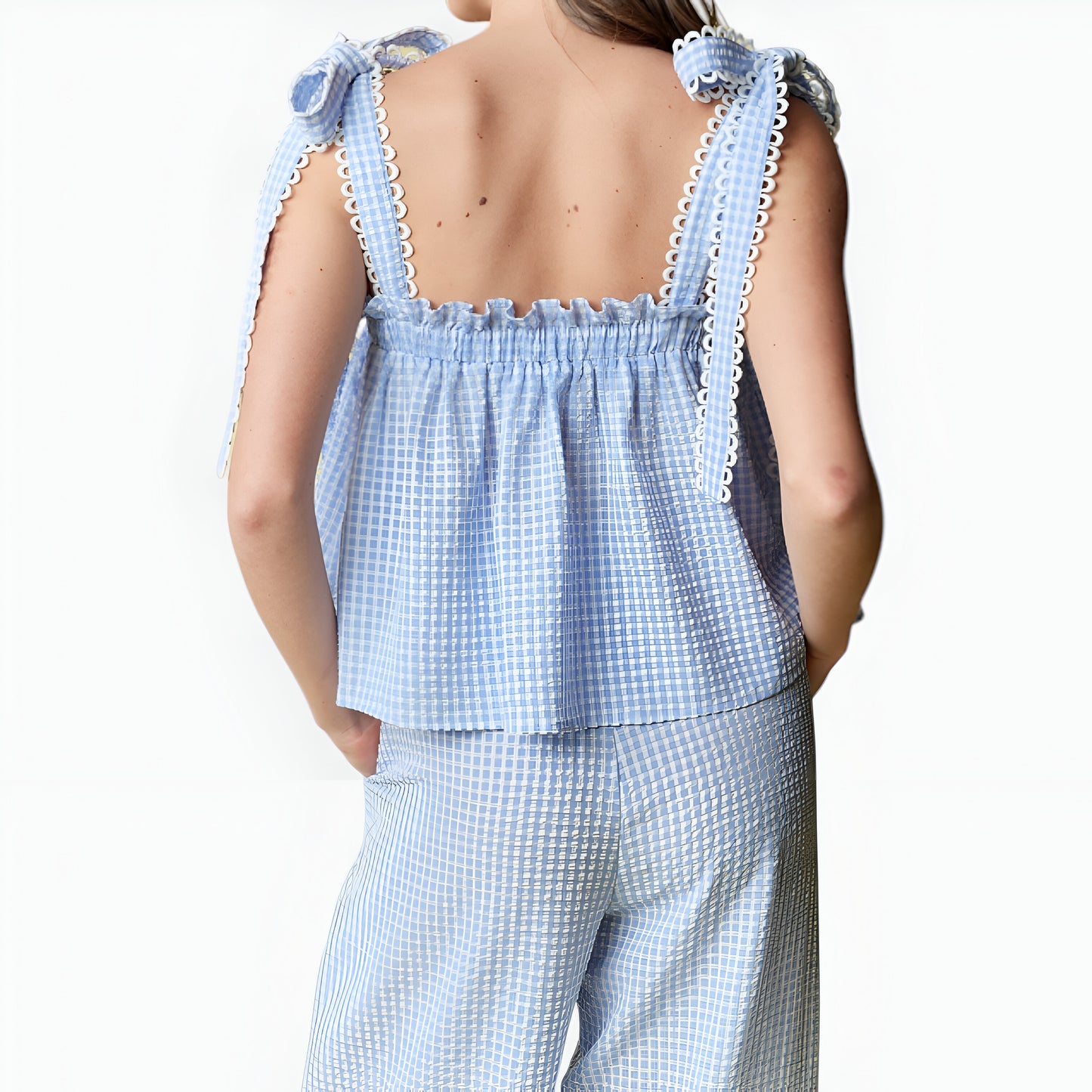 Gingham Wide Leg Pant Set with Smocked Tiered Top and Bow Tie Straps