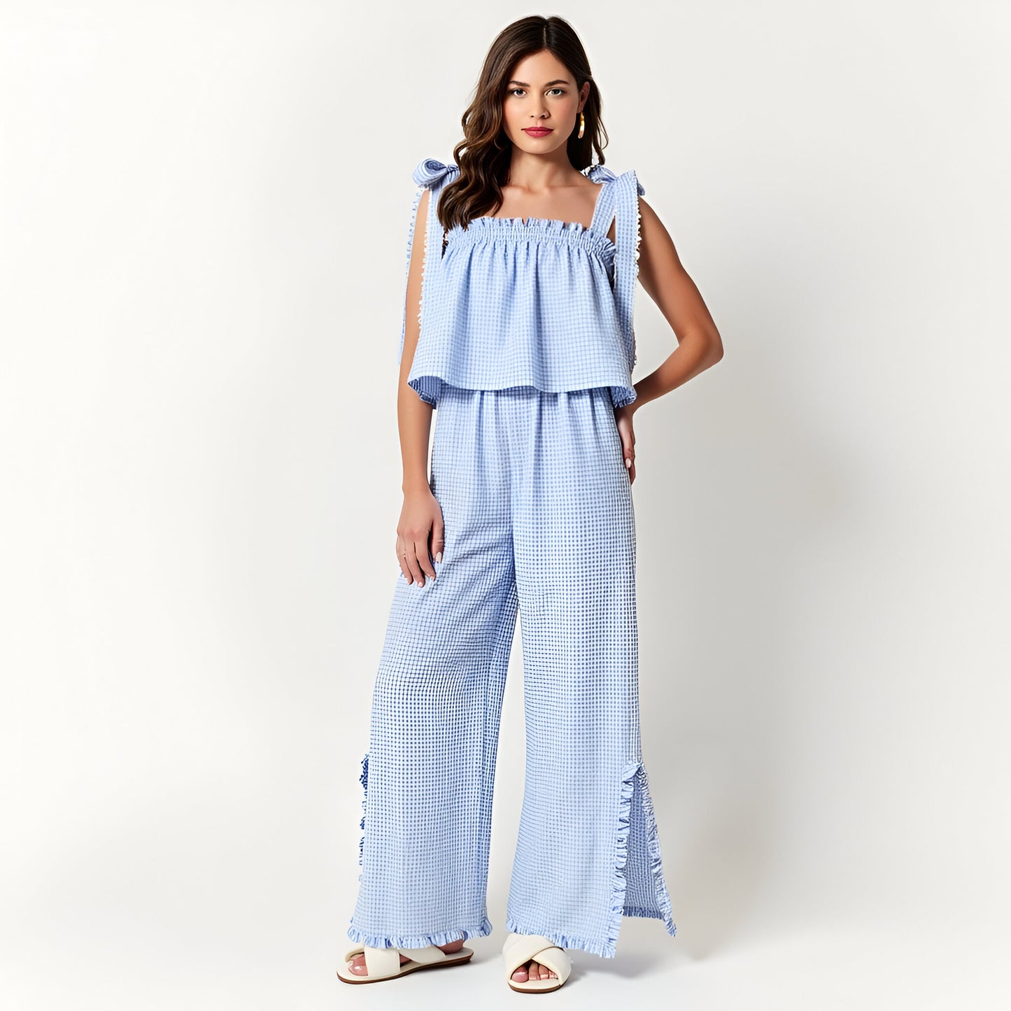 Gingham Wide Leg Pant Set with Smocked Tiered Top and Bow Tie Straps