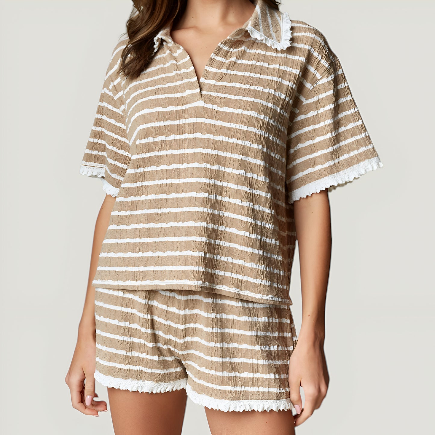 Textured Striped Polo Lounge Top and Shorts Set with Fringe Trim