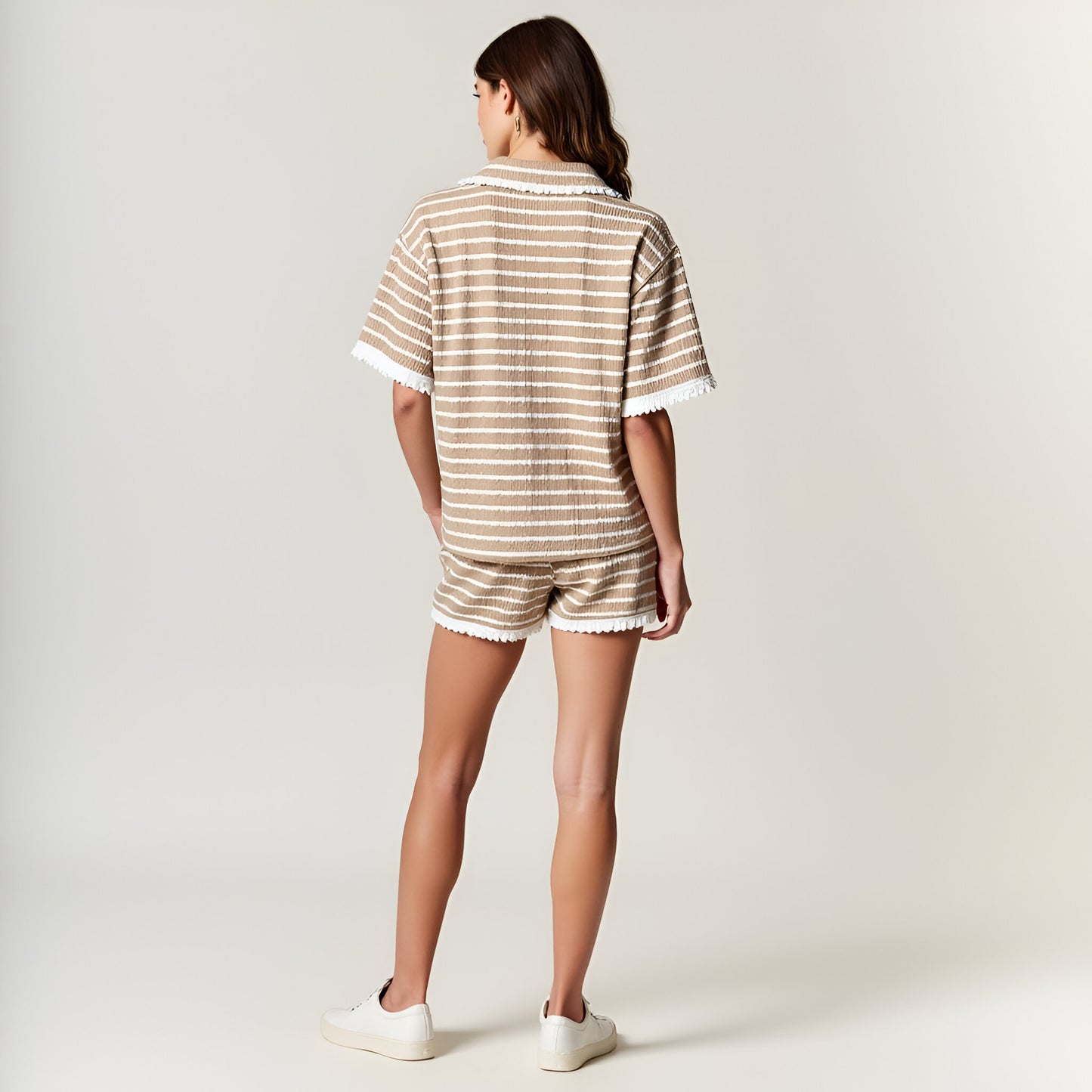 Textured Striped Polo Lounge Top and Shorts Set with Fringe Trim