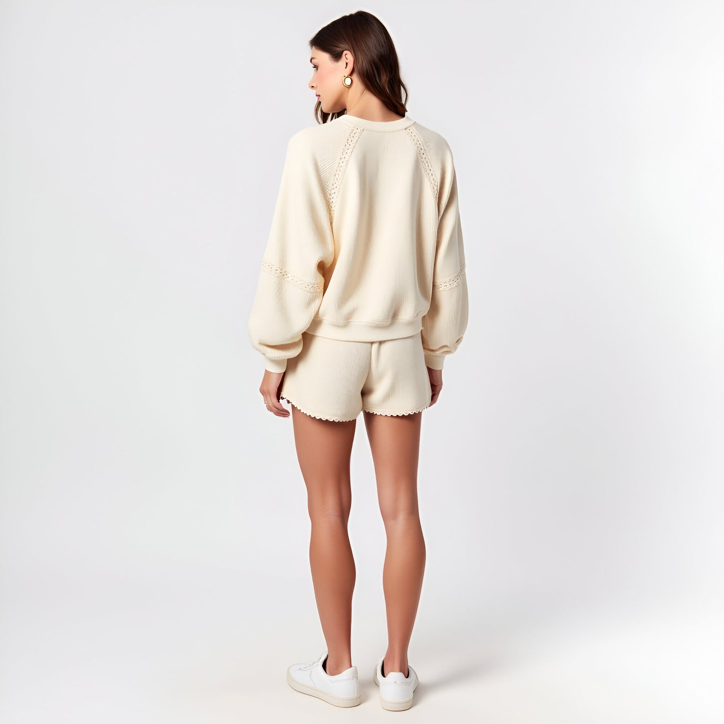Textured Crewneck Lounge Sweatshirt and Scalloped Hem Shorts Set