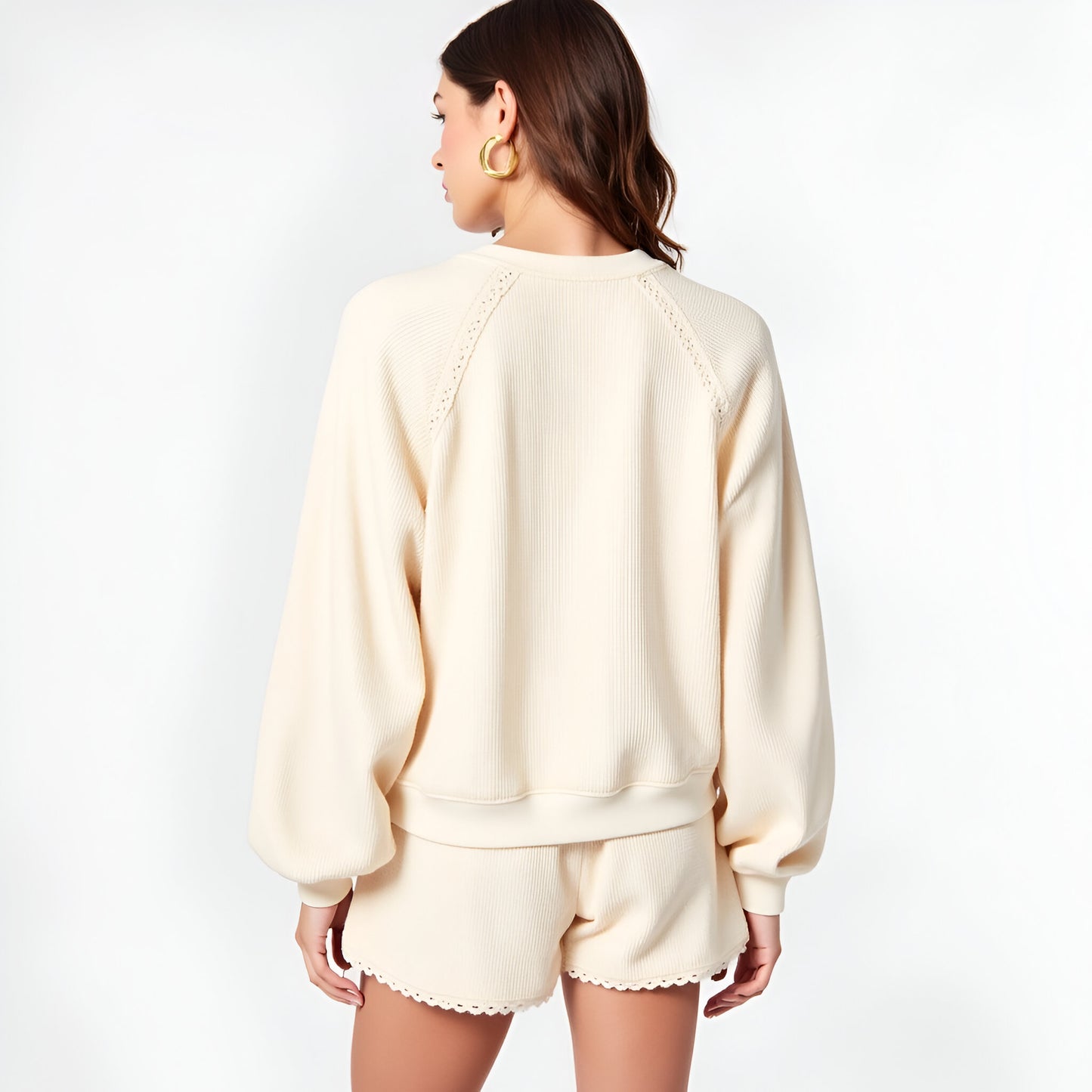 Textured Crewneck Lounge Sweatshirt and Scalloped Hem Shorts Set