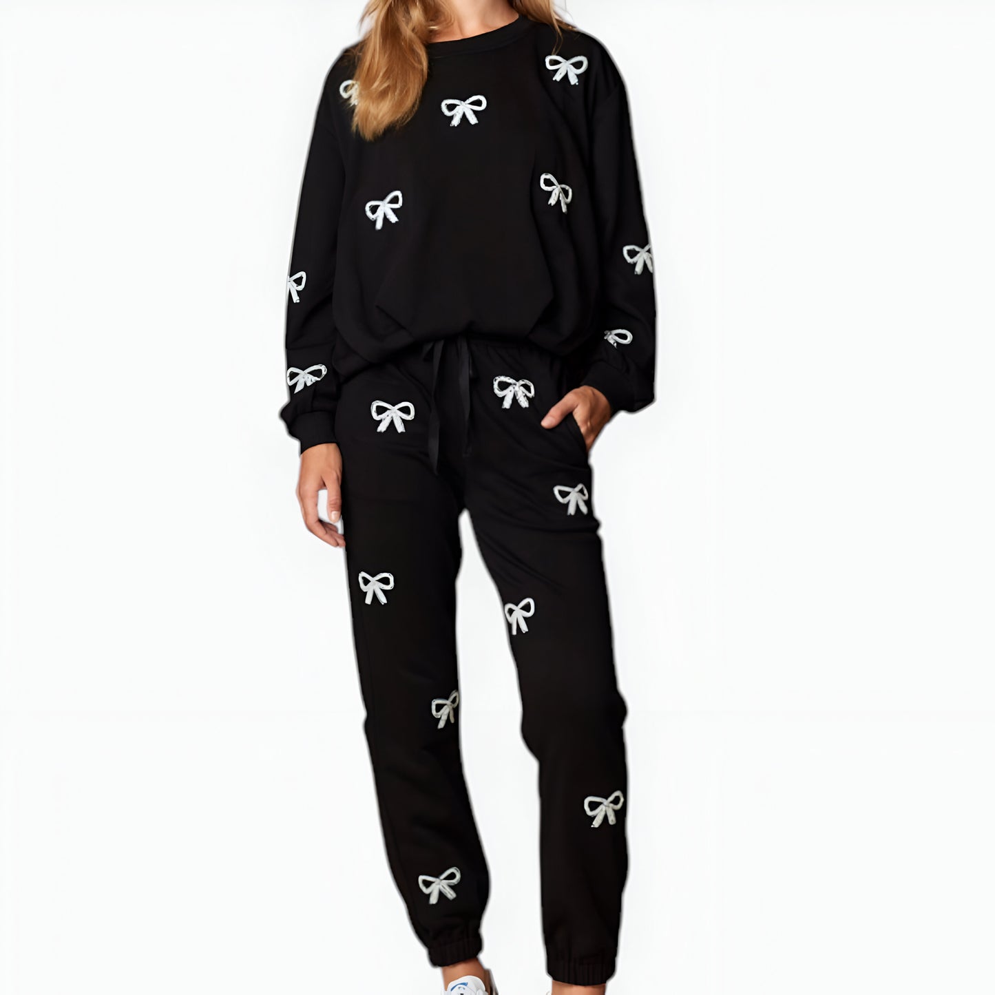 Bow Embroidered Sweatshirt and Jogger Set with Drawstring Waist and Pockets