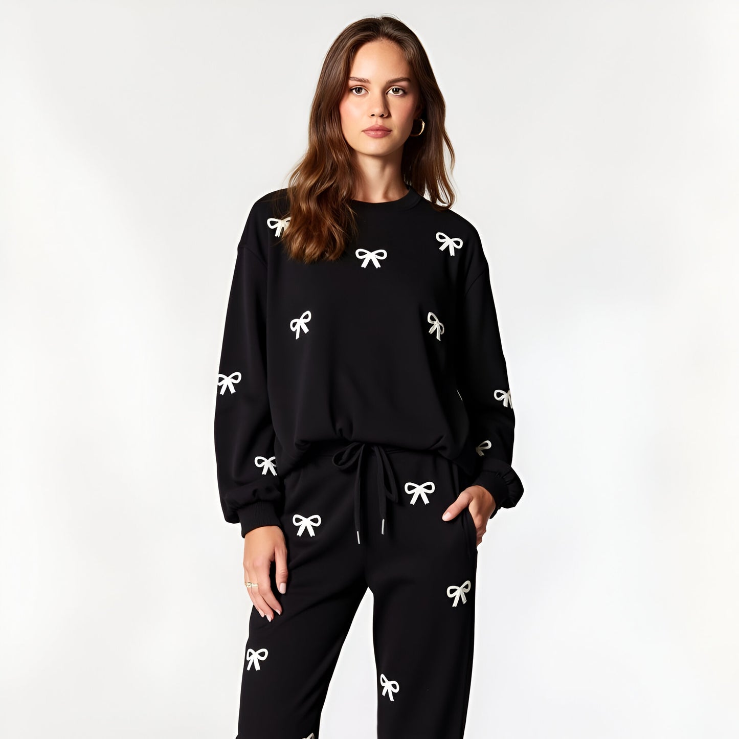 Bow Embroidered Sweatshirt and Jogger Set with Drawstring Waist and Pockets