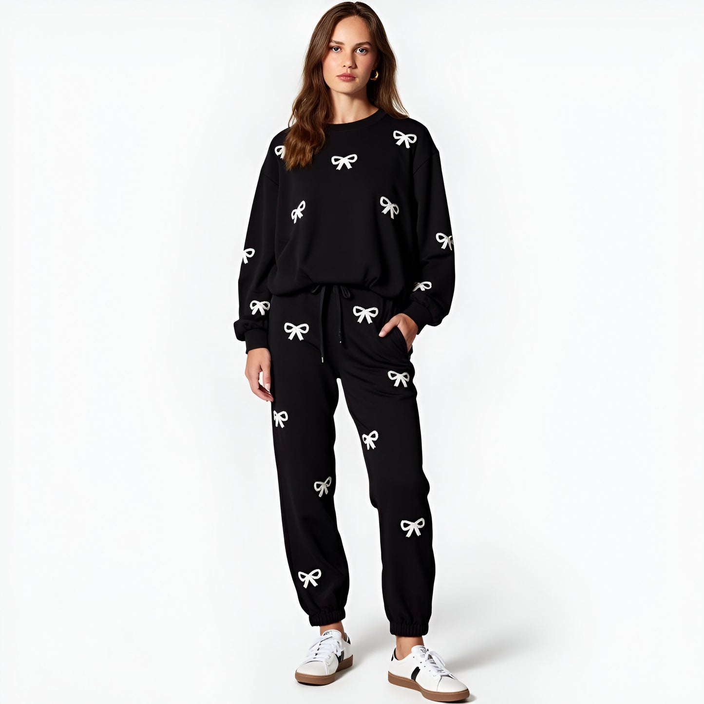 Bow Embroidered Sweatshirt and Jogger Set with Drawstring Waist and Pockets