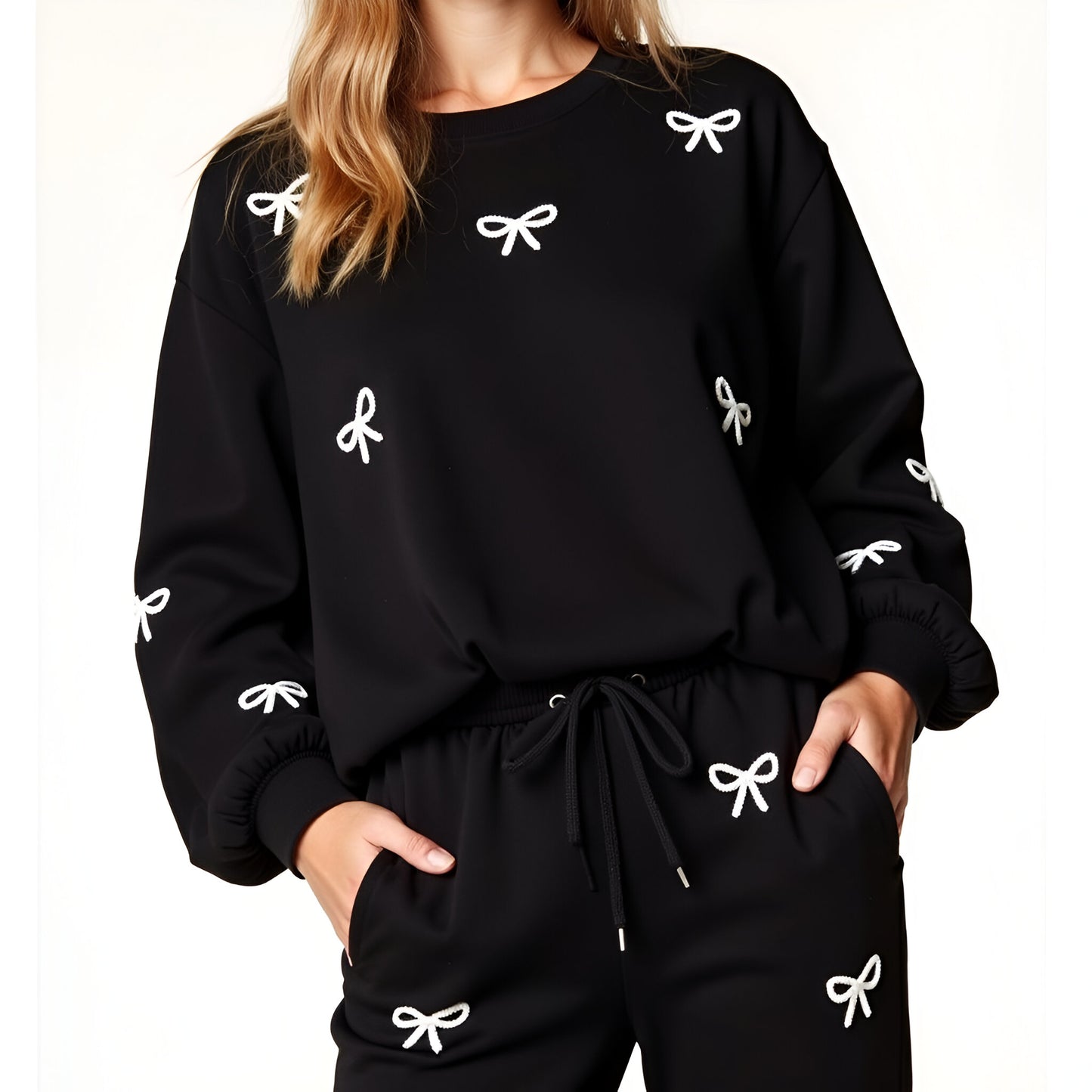 Bow Embroidered Sweatshirt and Jogger Set with Drawstring Waist and Pockets