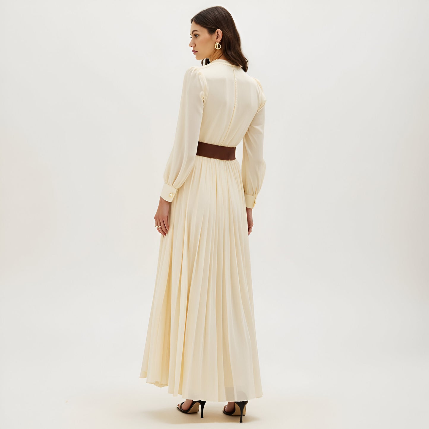Pleated Long Sleeve Maxi Dress with Ruffle Neck and Button Front Detail