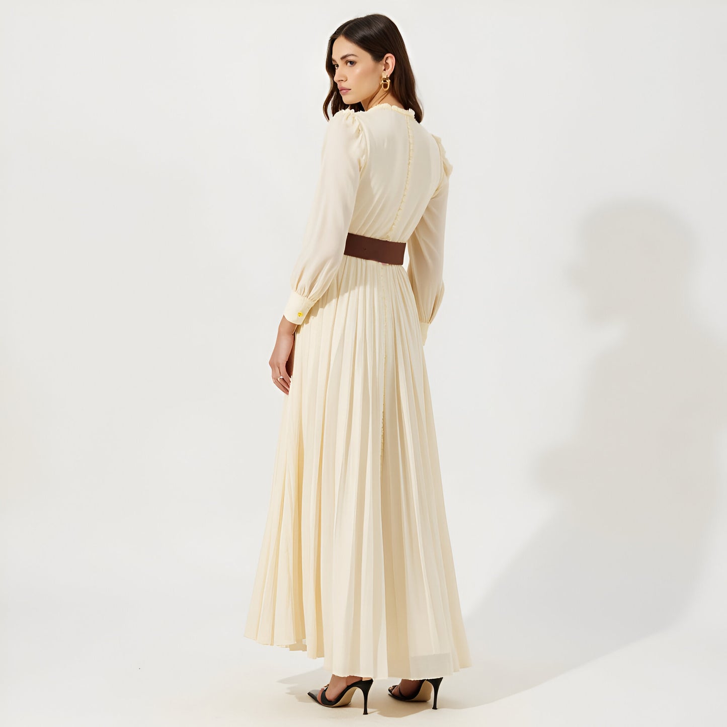 Pleated Long Sleeve Maxi Dress with Ruffle Neck and Button Front Detail