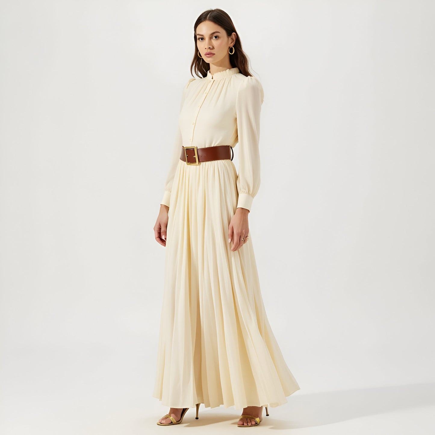 Pleated Long Sleeve Maxi Dress with Ruffle Neck and Button Front Detail