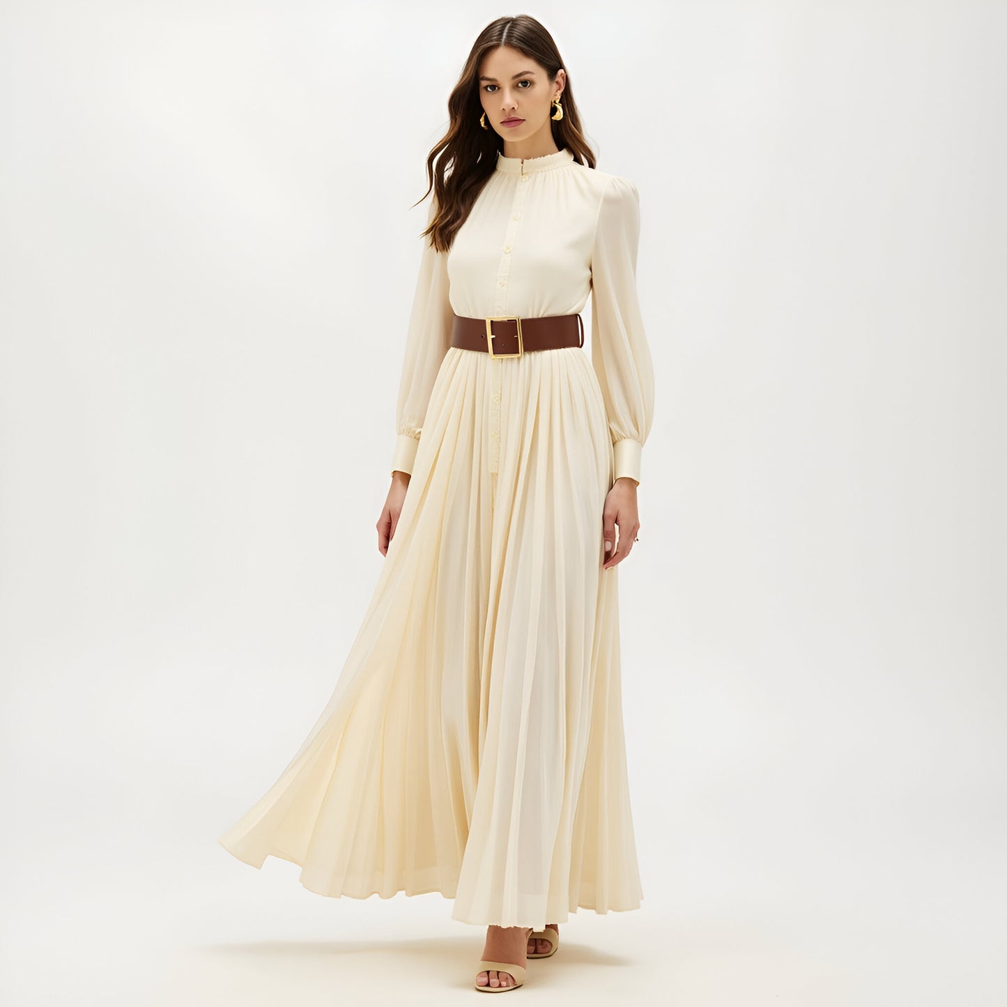 Pleated Long Sleeve Maxi Dress with Ruffle Neck and Button Front Detail