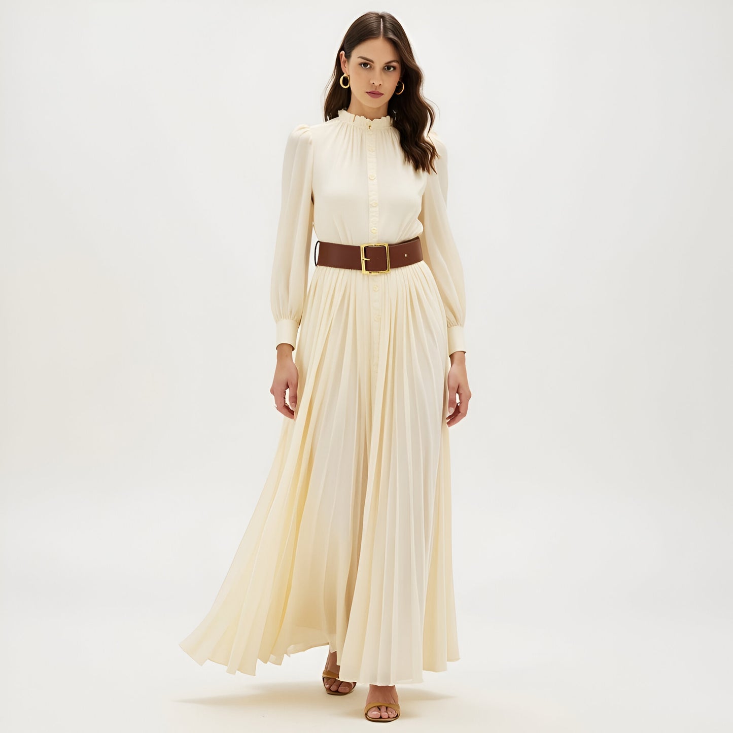 Pleated Long Sleeve Maxi Dress with Ruffle Neck and Button Front Detail