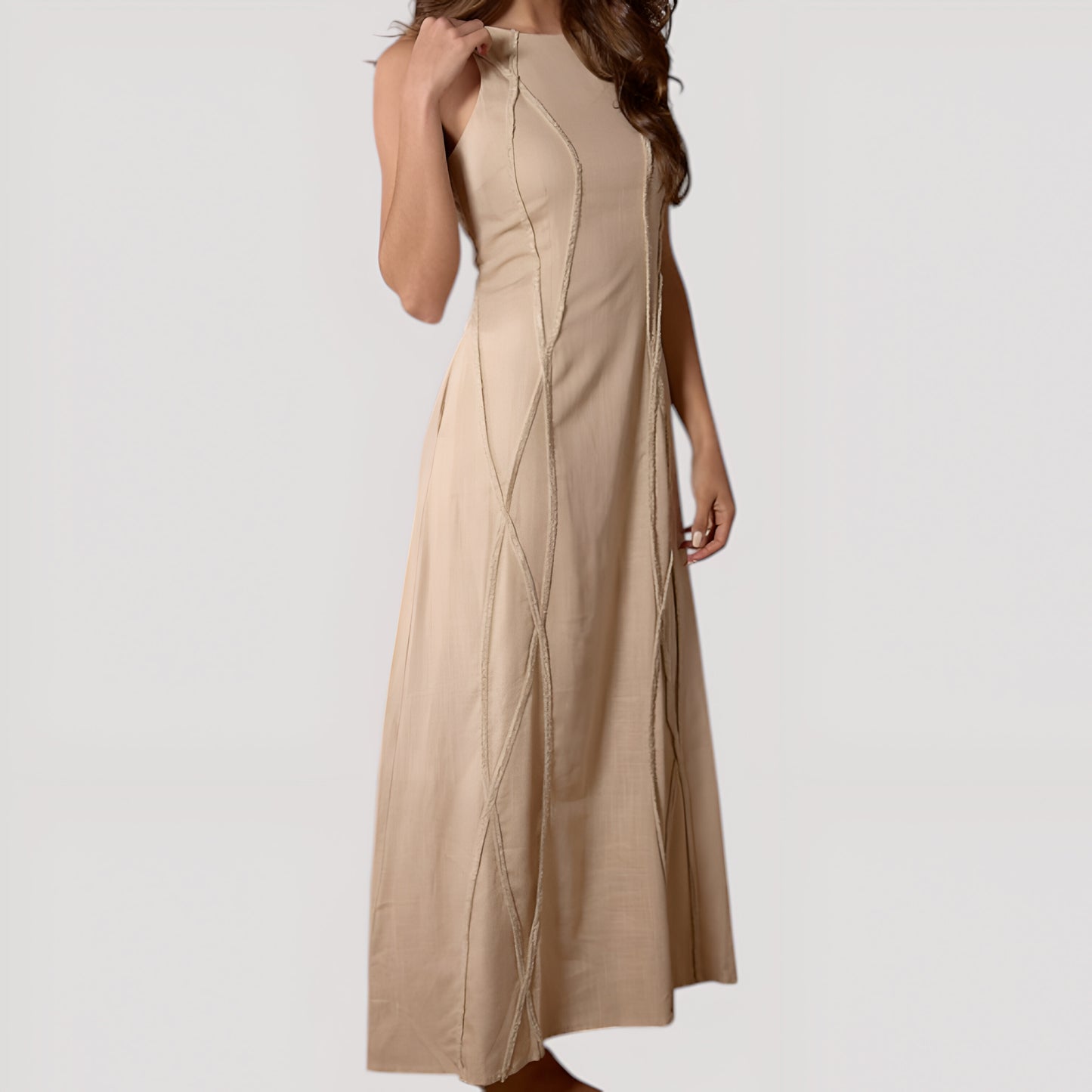 Sleeveless Maxi Dress with Textured Trim and Flowing Silhouette