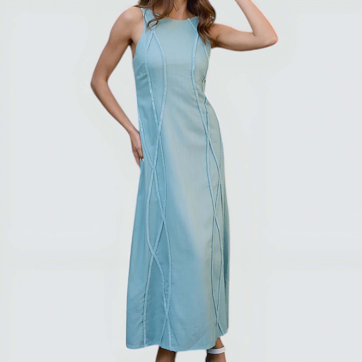 Sleeveless Maxi Dress with Textured Trim and Flowing Silhouette