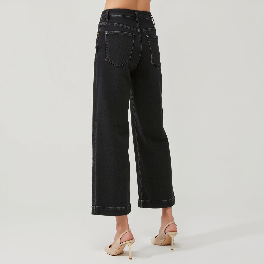 High Waist Black Wide-Leg Cropped Jeans with Clean Hem