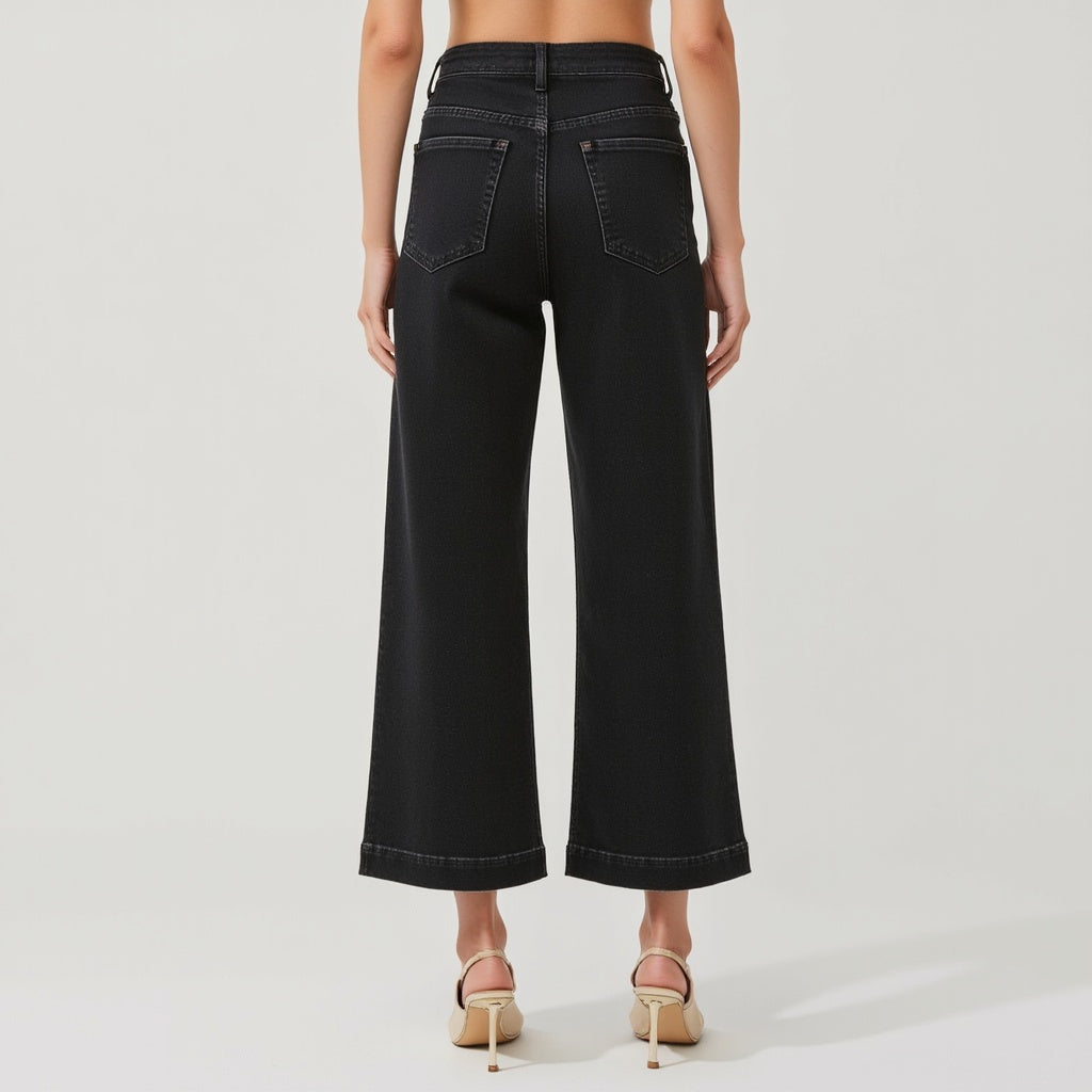 High Waist Black Wide-Leg Cropped Jeans with Clean Hem