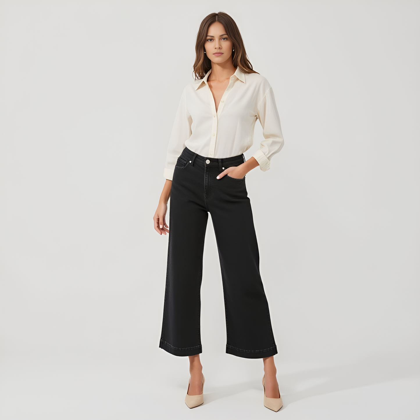 High Waist Black Wide-Leg Cropped Jeans with Clean Hem