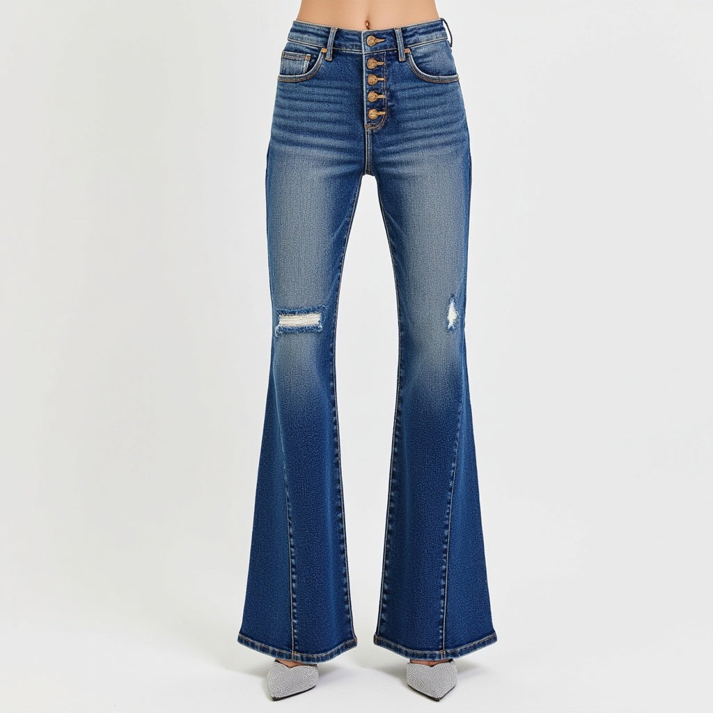 High Rise Flare Jeans with Button Fly and Distressed Detail