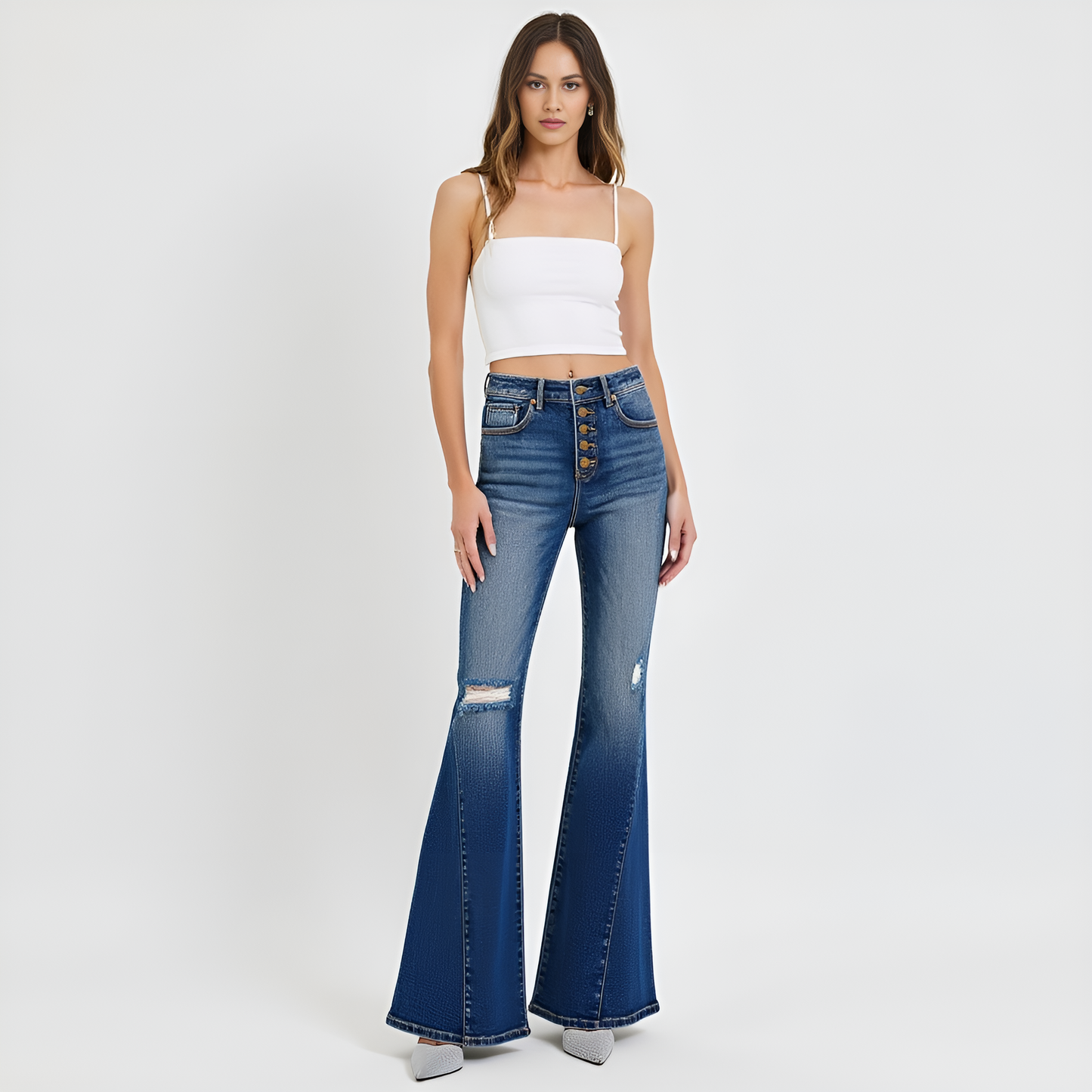 High Rise Flare Jeans with Button Fly and Distressed Detail